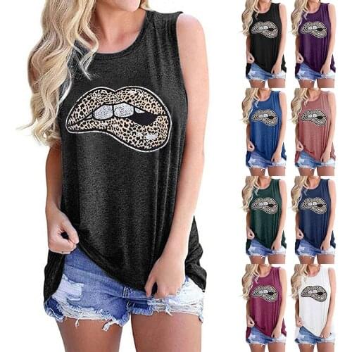 Tops Women 2021 Leopard Lips Print Tank Top O-Neck Casual Loose Harajuku Sleeveless Women T-shirt Cotton tanks camis