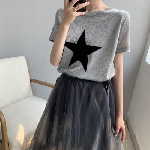 2020 Knitted O-Neck Casual Shirts Short Sleeve Star Pattern T Shirt Harajuku Tops For Women Summer Tees