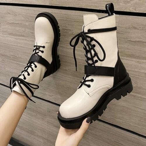 Blwbyl Brand New Female 2021 Autumn Motorcycle Boots Ankle Boots Women Round Toe Platform Chunky Heels Cross Tied Shoes Woman