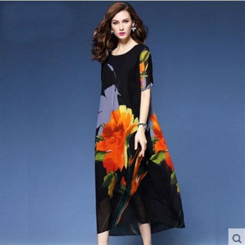 Women Summer Dress Ethnic Floral Printed Beach Party Dress Elegant Vestido Mujer Silk Maxi Dresses Long Robe Femme Boho 4XL
