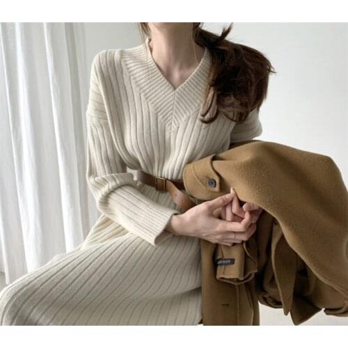LMQ NEW 2020 Autumn Winter Women Knitted Warm Long Sleeve Sweater Bottoming Dress V Neck High Street Oversized Bodycon Sweater