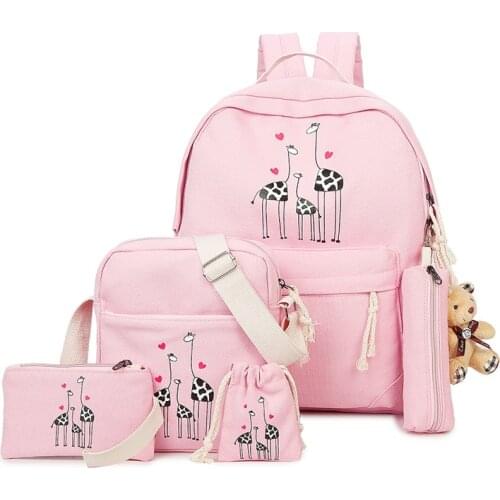 6Pcs/Sets Backpacks Cartoon Printing School Backpack Cute Canvas Schoolbag Teenage Women Students Bag Children Large School bags