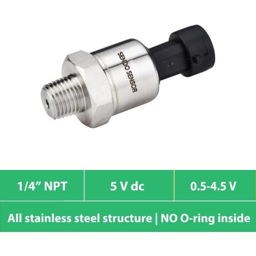 5v input pressure sensor, 1 4 NPT all metal pressure connections, AISI 316L diaphragm, range from 15 to 1500 psi, 100 kpa 10 mpa