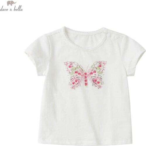 DB17463 dave bella summer baby girls cute bow cartoon print T-shirt children tops girl kids fashion tees