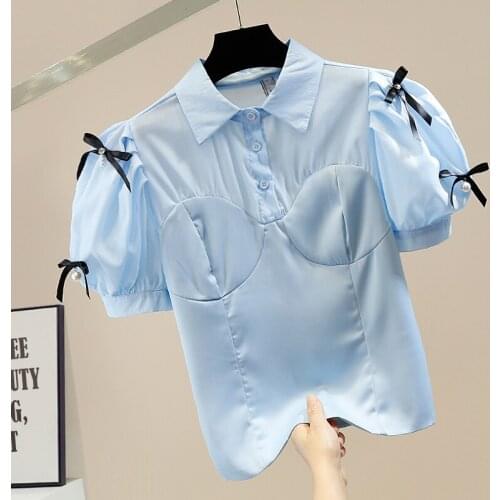 Elegant Woman Top Beads Diamond Three-Dimensional Bow Decoration Retro Puff Sleeve Fashion Color Contrast Lapel Pullover Shirt