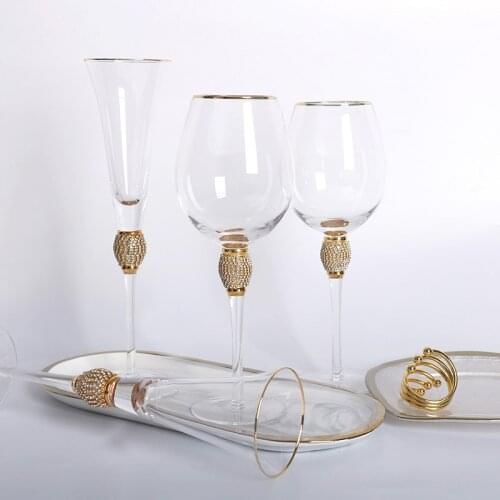 European Handmade Gold Edged Diamond Inlaid Wine Cup Crystal Glass Cocktail Glass Goblet Champagne Glasses Party Bar Supplies