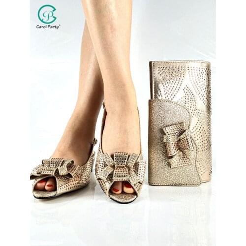 African Hot Selling 2021 New Arrival Italian Design Gold Color Mid Heels Women Shoes and Bag To Match for Party Wedding
