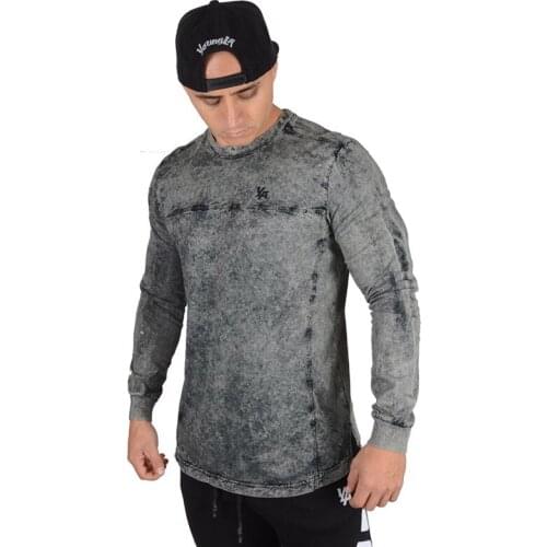 Men Casual stretch Cotton denim T-shirt Gyms Fitness Bodybuilding Workout Long sleeve Black Tee shirt Tops Male Brand Clothing