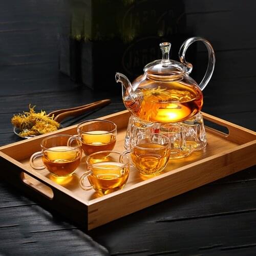 Complete Borosilicate Glass Teapot Set Glass Tea Kettle Cup Bamboo Tea Tray Tea Set Tea Pot Warmer Heat-resistant Glass Giftset