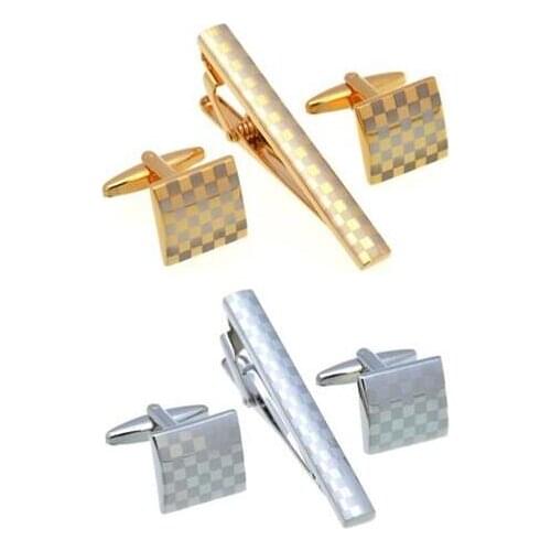 5sets/lot Classic Laser Cufflinks+Tie Clip Set Silver/Gold Laser Grid Tie Clip Pin&Cuff Link Set Business Style Men Jewelry
