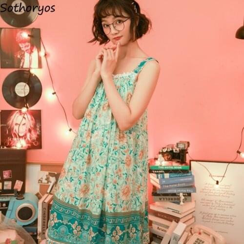 Women Floral Nightgowns Fresh Lovely Girls Loose Spaghetti Strap Summer Sleepshirts Cozy Students Females Lounge Fashion Popular
