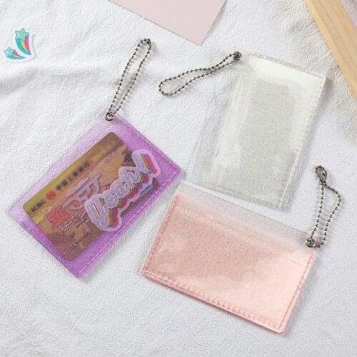 NEW Transparent PVC Shiny Jelly Bag With Keychain Women Girls Card Case Business ID Card Holder 2 Bits Mini Money Wallet Purse