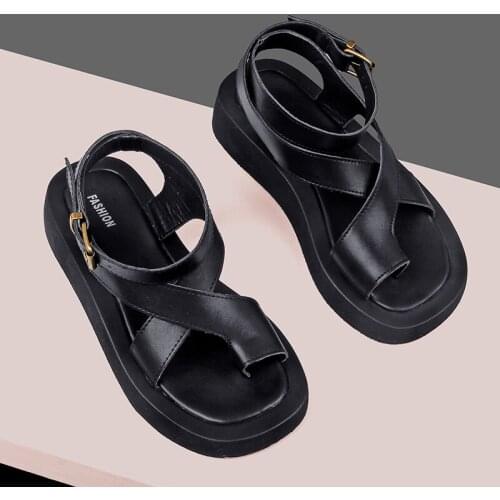 2021 Summer New Sandals Women Genuine Leather Clip Toe Sandals Ladies Roman Women Shoes Muffin Sandals