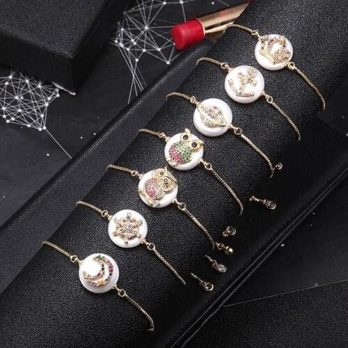 New Stainless Steel Color Crystal Owl Planet Moon Crown Shell Bracelet Womens Charm Lady Bracelet Gift
