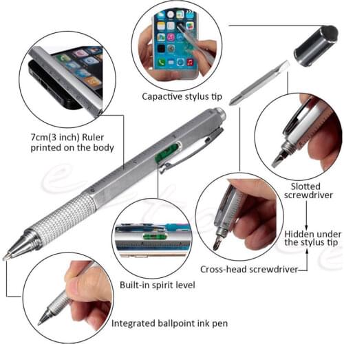 OOTDTY 6 in1 Touch Screen Stylus Ballpoint Pen with Spirit Level Ruler Screwdriver Tool