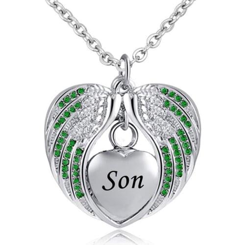 Son Angel Wing Urn Necklace for Ashes Cremation Memorial Stainless Steel Heart Keepsake Birthstone crystal Pendant Necklace