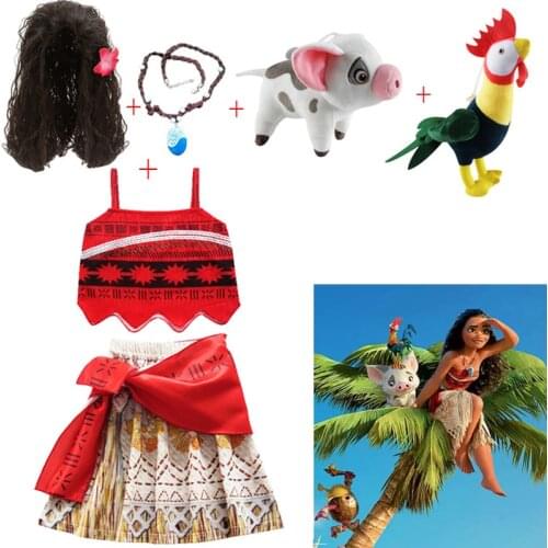 New Baby Girls Moana Cosplay Princess dress Children Vaiana for Girl Christmas Party dresses Wig Necklace Pet Pig chick Costumes