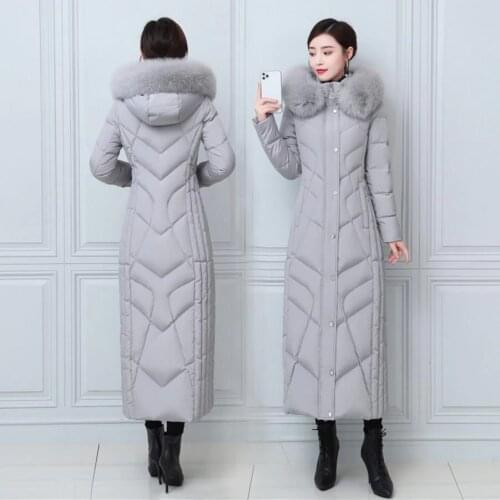 4XL 125cm ankle length real fox fur hooded fluffy down coats female winter fashion big fur collar thicker warm down coat F2199