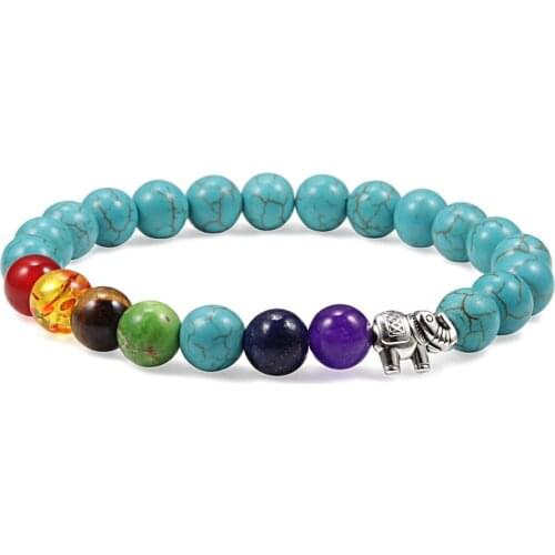 Reiki 7 Chakra Bracelet Men Women Alloy Elephant Natural Turquoises Stone Lava Beads Strand Bracelet Bangles Yoga Jewelry Gifts