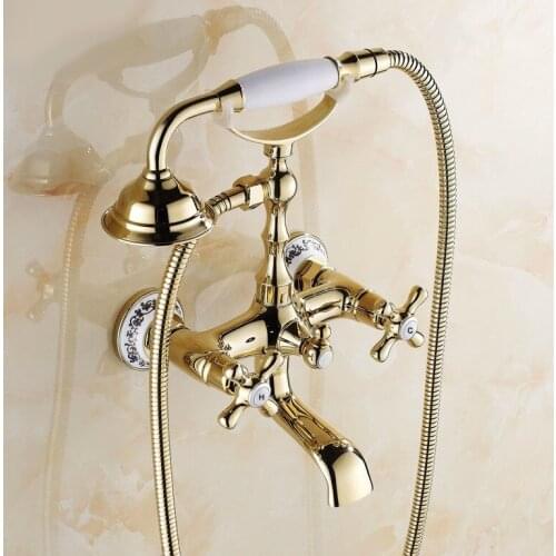 Luxury Gold Color Brass Wall Mount Bathroom Tub Faucet Set WITH/ 1500MM Handheld Shower Spray Head Mixer Tap Dtf140