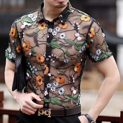 Shirt Flower Lace Embroidery See Through Shirt Men Chemise Homme Marque Luxe Mesh Transparent Shirt Summer Short Sleeve Shirt