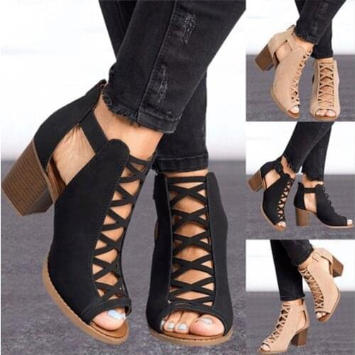 Roman Hollow Sandals Mid-heel Summer Pull-on Buckle Womens Shoes Artificial Open Toe Casual Wedding High Heels Ladies Sandals