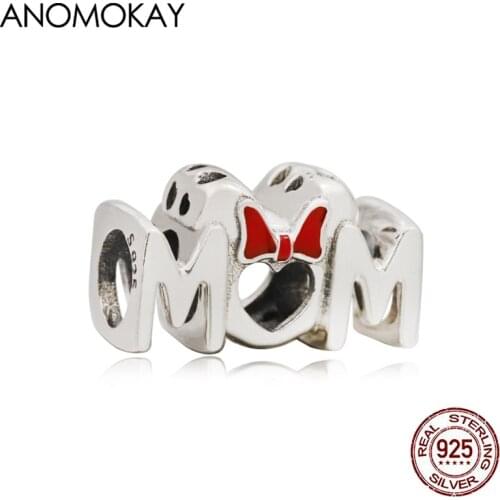 Anomokay Red Enamel Bowknot Mom Letter Silver Charm for DIY Bracelet & Bangle New Arrivals 925 Silver Bead for Mom Gift