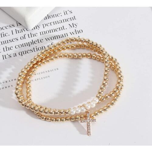 Chic Metal Beads Cross Charm Bracelets for Women Pave Crystals Beads Stacked Elastic Bracelets Jewelry