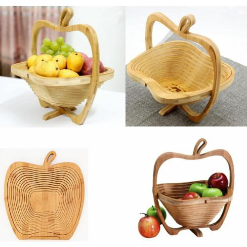 Collapsible Wood Foldable Fruit Apple Basket Folding Bamboo Fruit Bowl & Trivet Picnic Basket Basket for Fruits and Vegetables
