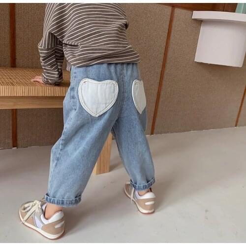 Spring Autumn girls fashion back heart shape pocket all-match jeans kids patchwork waist casual denim pants