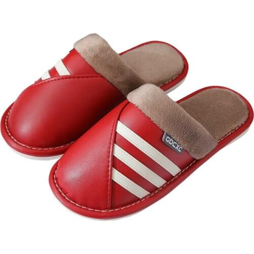 Autumn and Winter New Style Leather Cotton Slippers for Womens Home Warmth Non-slip PU Surface Waterproof Cotton Slippers