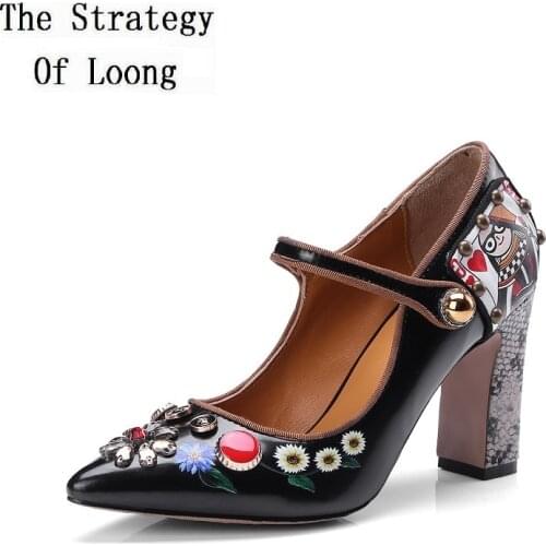 Spring Autumn Fashion Thick High Heels Pointed Toe Shallow Buckle Rhinestone Crystal Flowers Patent Leather Women Pumps Shoes
