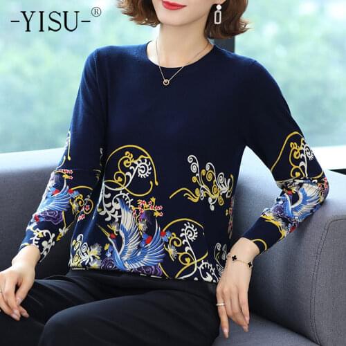 YISU 2021 Wool Knitted Sweater Women Spring Autumn O-neck Long Sleeve Loose Jumper Pullover Tops Phoenix Printing Sweaters Women