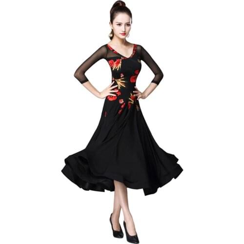 Flapper Floral Ballroom Dance Dress Patterns 3/4 Sleeve Modern Waltz Tango Smooth Ballroom Dance Dress Standard Ballroom Dress
