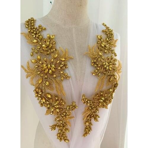 1 Pair Gold Rhinestone Applique With Florals Motif