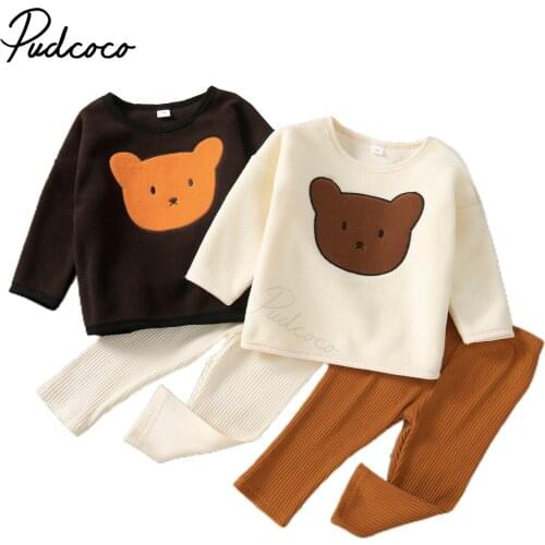 Infant Newborn Baby Girls Boys 2Pcs Clothes Set Long Sleeve Shirt Bear Print Tops Ribbed Pants Spring Autumn Outfits