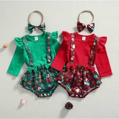 3Pcs Toddler Christmas Outfits Solid Long Sleeves T Shirt + Xmas Printed Suspenders Shorts + Hairband for Baby Girls