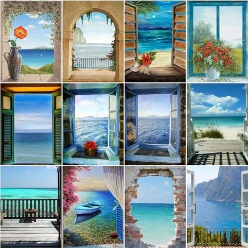 5D DIY Diamond Painting Landscape Window Full Square Rhinestones Sea Diamond Embroidery Cross Stitch Mosaic Home Decor