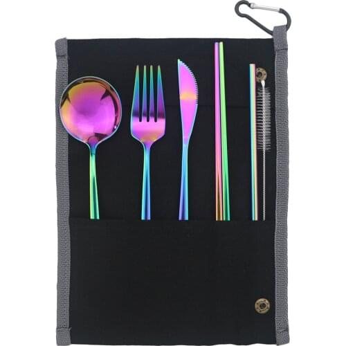 7-Piece Colorful Portable Eco-friendly Stainless Steel Travel Cutlery Set Knife Fork Spoon Chopsticks Straws Set Picnic Flatware