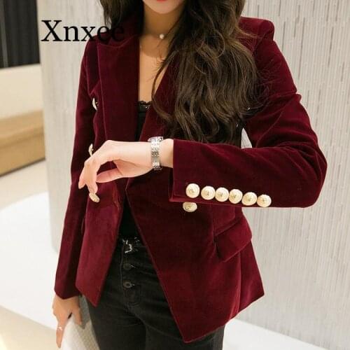 Burgundy office coat Spring Women Slim Velvet Blazer Jacket Double Breasted Simple Lady Blazers High Grade OL women Clothing