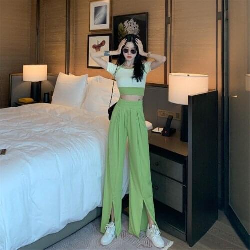 Summer Split Wide Leg Straight Pants +Short Sleeve Tee 2 Pieces High Waist Casual Streetwear Trouser Sets Women Fashion Suits