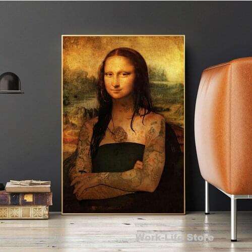 Funny Art Mona Lisa Tattoos Canvas Paintings Wall Art Posters and Prints Da Vinci Famous Paintings for Living Room Decoration