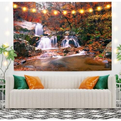 Maple Forest and Waterfall Scenery Tapestry Vintage Exotic Summer Plant Nature Frame for Bedroom Photography Wall Decor