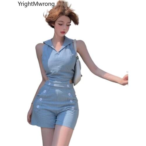 Two Piece Jeans Set Sailor Neck Cut Hollow Backless Lace Up Tie Bow Tee Crop Top Tank Shirt Butto Short Skinny Suit Sexy Club