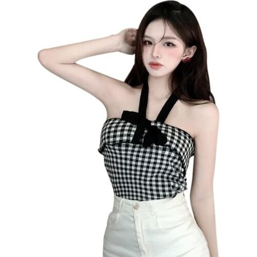 Korean Women Plaid Halter Bow Slim Sweet Vest Sexy Exposure Navel Knitted Camisole Tank Top
