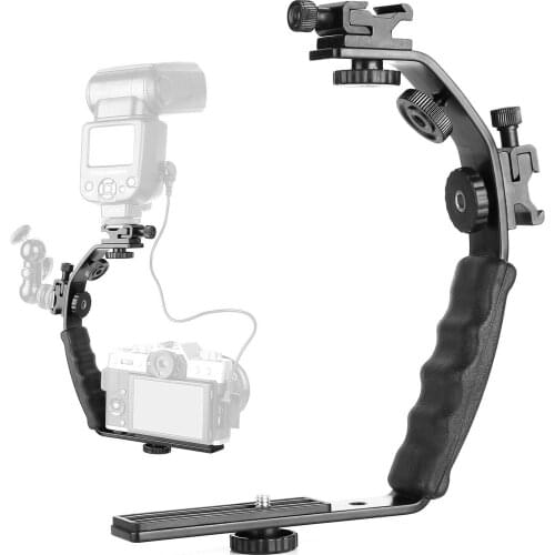 Camera L Bracket Mount Video Grip L-Bracket Dual Flash Cold Shoe Mount 1/4 inch Tripod Screw Heavy Duty Padded Hand Grip Dslr