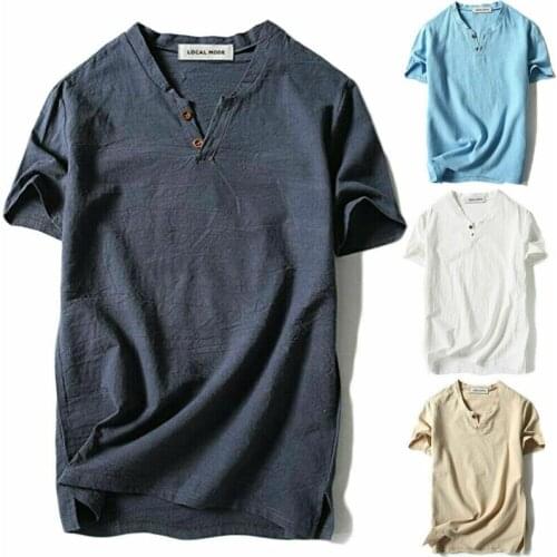 Men Baggy Casual Short Sleeve Fashions Harajuku Streetwear Funny V neck Linen T-Shirt Cotton Linen Tee Hippie Shirt Top XL-5XL