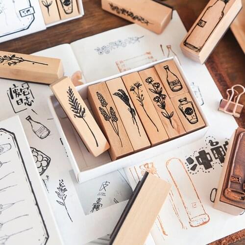 Scrapbooking Stamps kit Handbook Hand Ledger Decoration Plant Flower Pattern Set DIY Wooden Vintage Rubber Stamps Seal