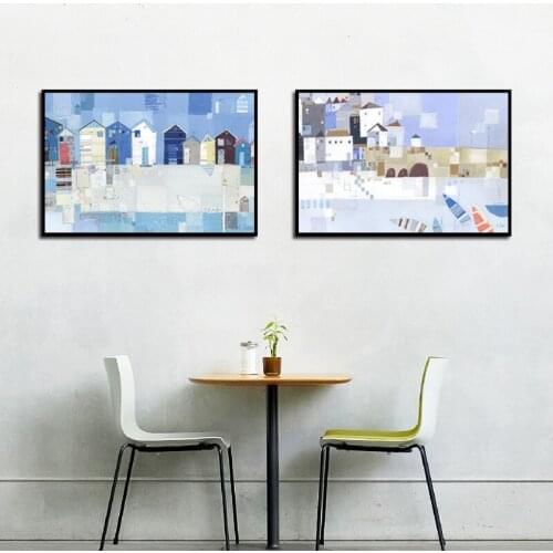 2Pcs Wall Art Poster Abstract Painted Blue House Canvas Painting Landscape Posters and Prints Frameless Decorative Paint