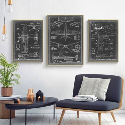 Retro Airplane Blueprint Poster Black And White Biplane Patent Canvas Vintage Aesthetic Home Decor WallArt LivingRoom Decoration